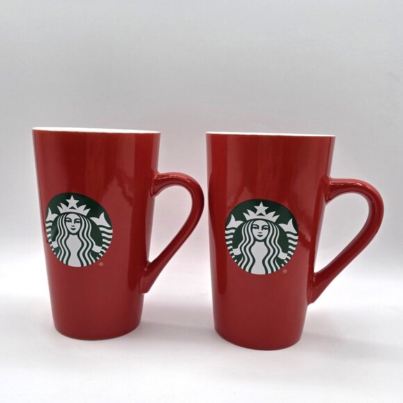 Starbucks 2 Tall Red Mugs Cups Green Mermaid Siren Logo 16 Fl Oz Ea. Coffee Tea - Picture 1 of 9